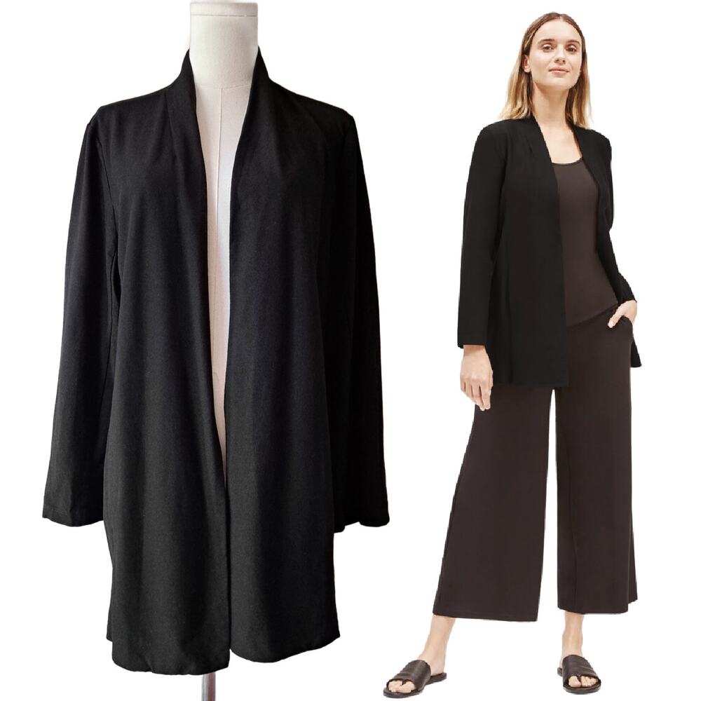 EILEEN FISHER Black System Stretch Crepe Open Front Long Jacket Large Pockets